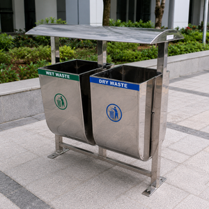 Stainless Steel Dual Waste Segregation Dustbin Wet Dry Garbage Bin Outdoor Public Park Trash Can With <b>Canopy</b> Stand - Product Image 4