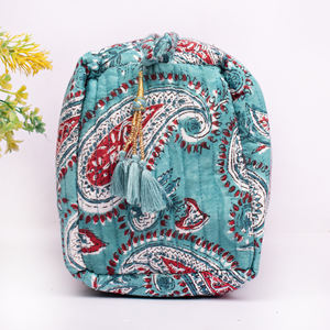 กระเป๋าเครื่องสำอางผ้าฝ้ายพิมพ์ลายบล็อกแบบซิป หรูหรา เป็นมิตรกับสิ่งแวดล้อม ขายส่ง สไตล์วินเทจ ใช้งานได้หลากหลาย เหมาะสำหรับการเดินทาง - Product Image 4