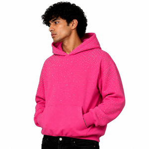 Manufacturer Apparel OEM Unisex Hotfix <b>Pink</b> Top Fleece Hoodies Custom All Over Rhinestone Blank Oversized Loose Pullover Fit - Product Image 3