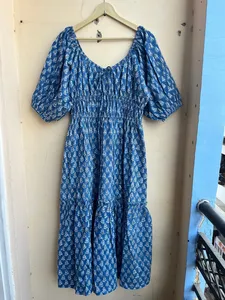 Vestido con estampado de bloque de mano azul Estampado de bloque Túnicas indias Vestido de mano Vestido largo de algodón indio Vestido con estampado indio - Product Image 6