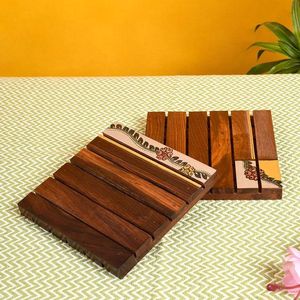 Wooden Rectangle <b>Coasters</b> <b>Set</b> with Floral Design Heat Resistant Table Mats for Tea and Coffee - Product Image 2