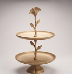 Bandeja de Servir de Dos Niveles con Acabado Dorado Elegante, Soporte para Pastel con Diseño de Hoja de Ginkgo, Exhibidor de Frutas y Postres, Decoración para Eventos - Product Image 4
