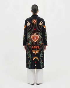 Luxury Velvet Suzani Long Jacket Embroidered With Floral And <b>Bird</b> Pattern <b>Stand</b> Collar Full Sleeve Prairie Chic Winter Outerwear - Product Image 3