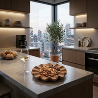 Bol de service en bois de teck massif de qualité alimentaire, en forme de fleur, rainuré, avec motif floral ondulé, décoratif, élégant, pour salade et fruits, antiadhésif
