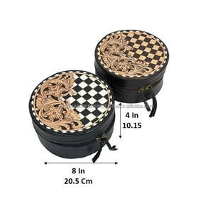 Boîte de rangement pour bijoux ronde en cuir de vache véritable artisanal à carreaux avec motif floral gravé, coffret à bijoux, cadeau pour femmes - Product Image 2