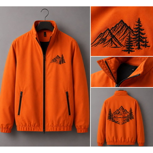 <b>Men's</b> Orange <b>Bomber</b> <b>Jacket</b> Solid Color Stand Collar Zipper Closure Embroidery Mountain Design Casual Autumn Wear - Product Image 2