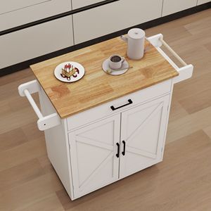 Carrello da Cucina Regolabile Bianco con Ruote, Porta Spezie, Portasciugamani e Piano in Legno di Gomma per Organizzazione - Product Image 4