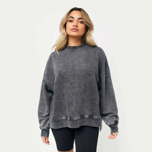 Custom Womens Acid Wash Sweatshirt Cotton Fleece Embroidered Streetwear <b>Crewneck</b> Manufacturer - Product Image 3