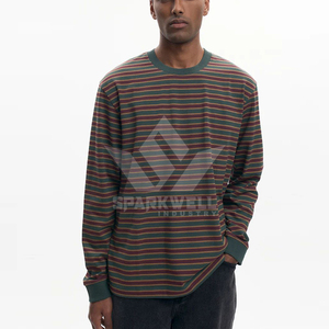 Men's Long Sleeve Striped Knitted <b>Collarless</b> Belt Closure T-<b>Shirt</b> Blue Brown Cotton Casual Breathable Spring Wear - Product Image 5