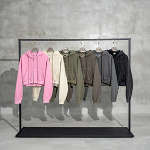 Vente en gros Sweat à capuche en molleton délavé à double fermeture éclair de haute qualité pour femmes Logo personnalisé Sweat-shirt de couleur unie Sweat-shirt court à capuche - Product Image 1