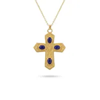Collier pendentif plaqué or 18 carats avec pierre précieuse naturelle Lapis Lazuli, croix religieuse chrétienne, chaîne en câble, pour fêtes et usage quotidien