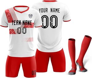 Uniforme de Fútbol Personalizable Blanco y Rojo con Estampado por Transferencia Térmica, Cuello en V, Manga Corta, Transpirable, Poliéster Ecológico para Hombre Adulto - Product Image 1