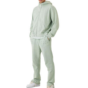 Survêtement à capuche pour homme, manches longues, coupe classique, 100 % coton molletonné, couleur unie, automne, décontracté, respirant, design 2-en-1, fermeture éclair sur le devant - Product Image 1