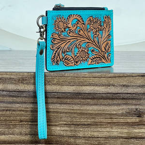 Hot Selling Hand Tooled Genuine Leather Floral Pattern Zipper Western Style <b>Credit</b> <b>Card</b> <b>Holder</b> Luxury Mini Unisex <b>For</b> Shopping - Product Image 4