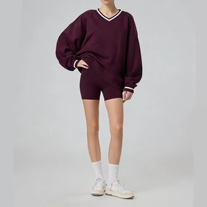 Sweat-shirt oversize pour femme, hiver, uni, écologique, col en V, polaire doux, col contrasté côtelé, pull-over, streetwear, extérieur - Product Image 3