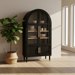 Modern Rectangular Display Cabinet Arched Rubber Wood MDF Oak Veneer Eco-Friendly 4 Compartments <b>Shutter</b> Doors Living Room OEM - Product Image 2