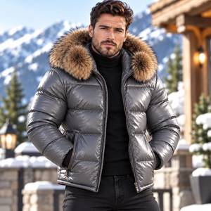 Men's Luxury Breathable Plaid Pattern Puffer <b>Jacket</b> Summer Fox <b>Fur</b> <b>Hood</b>, Lucido Uomo | Chaqueta Brillante | Doudoune Brillante - Product Image 3