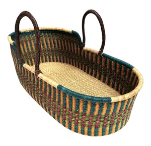Vintage vertical multi-threaded line accent dark handle seagrass <b>changing</b> <b>basket</b> containing durable rattan <b>changing</b> kid <b>basket</b> - Product Image 1