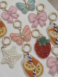 Custom Pink Lily Flowers Keychain Beaded Bag Charms Glass Seed <b>Bead</b> Key Rings Embroidery Plant Pendant Gold Metal Floral Key - Product Image 6