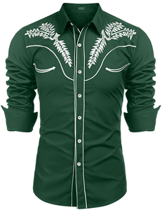 Camisa Occidental Bordada Verde para Hombre, Manga Larga, Cuello Camisero, Informal, de Popelina de Algodón, Antiarrugas, Corte Ajustado - Product Image 4