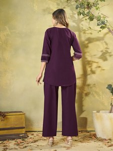 Purple Embroidered <b>Kurta</b> Palazzo Set <b>Women</b> Rayon V Neck Loose Fit Casual Wear - Product Image 4