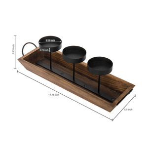 Bandeja rústica de madera con 3 portavelas y asa, acabado en recubrimiento de polvo negro, centro de mesa para decoración del hogar - Product Image 4
