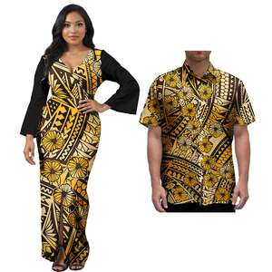 Hawaiian Vintage Style Slim Casual Maxi Dress and Men's Shirt Solid Natural Waist Woven Drop Shipping Low MOQ Couple Outfit - Product Image 6