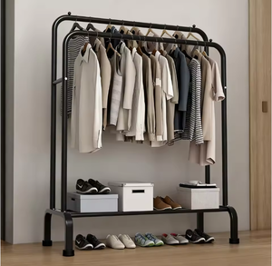 Porte-vêtements moderne à double rail, robuste, en métal, avec étagères de rangement et roulettes - Product Image 1