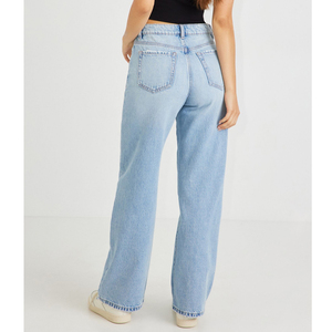 High Waist Wide Leg Plus Size Women's <b>Jeans</b> Full Length Light Washed Denim Casual Style <b>Button</b> <b>Fly</b> Solid Color Cotton - Product Image 4