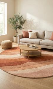 Modern <b>Abstract</b> Wave Round Wool Anti-Slip Area Rug Soft Tufted Terracotta Orange Beige for Living Room - Product Image 4