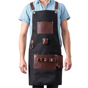 Unisex Black Twill Chef Uniform Bib Apron with Brown Leather Pockets <b>Adjustable</b> <b>Straps</b> for Restaurant & Bar Use - Product Image 2