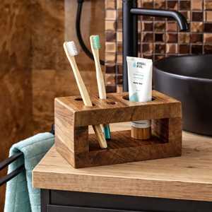 Porte-brosse à dents en bois à double niveau avec organisateur multi-emplacements pour brosses à dents à manche pastel, accessoires de salle de bain, rangement - Product Image 5