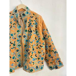 Mustard Orange Velvet Floral Suzani Embroidered Breathable Stand Collar Boho Jacket Women Ethnic Short Coat Festive Winter Wear - Product Image 4