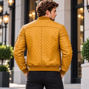 เสื้อแจ็คเก็ตบอมเบอร์หนังสำหรับผู้ชาย สีเหลืองมัสตาร์ด แต่งลายปัก – เสื้อแจ็คเก็ตลำลองสไตล์ไบค์เกอร์ พร้อมปกเสื้อแบบบอมเบอร์และกระเป๋าซิป - Product Image 6
