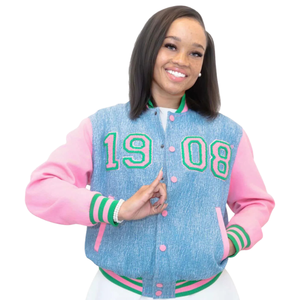 AKA 1908 Denim Bomber Jacket for Women Light Blue Pink Green Varsity Style Snap Button Jacket Premium Casual Outerwear - Product Image 2