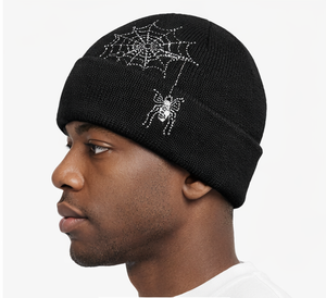 Bonnet en tricot jacquard personnalisé avec motif toile d'araignée brodé de strass et cristaux scintillants, bonnet à revers motif toile d'araignée - Product Image 2