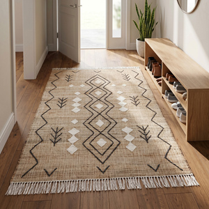 Tapis moderne en jute beige tissé à la main, antidérapant, motif géométrique tribal en losanges, avec franges texturées, pour salon et chambre à coucher - Product Image 4