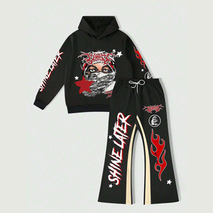 Survêtement graphique Flame Star imprimé DTG, sweat à capuche et pantalon évasé, streetwear premium unisexe, mode automne pour homme et femme - Product Image 1