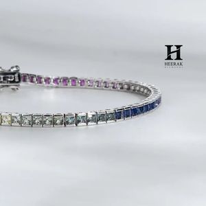 Luxury <b>Rainbow</b> Gradient Tennis <b>Bracelet</b>, Princess Cut Multi-Color Gemstone 18K Gold Jewelry - Product Image 2