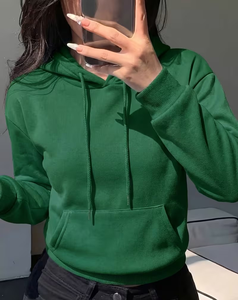 Women's Green Hooded Eco-Friendly Polyester/Cotton Knitted Casual Pullover Sweatshirt with Front Pocket Winter Wear - Product Image 6