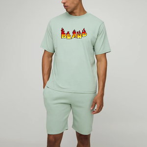 Conjunto Casual de Dos Piezas para Hombre, Camiseta Verde Menta y Pantalones Cortos, Cuello Redondo, Estampado de Letras, 100% Algodón, Tejido Transpirable, en Oferta - Product Image 1