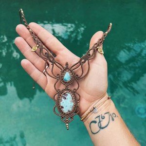 Turquoise Gold Plated Macrame <b>Statement</b> <b>Necklace</b> Zinc Alloy Double Stone Brown Cord Boho Handmade Adjustable Pendant Jewelry - Product Image 1