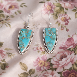 Boucles d'oreilles pendantes en turquoise bleue et cuivre, argent sterling 925, plaqué or rose et or jaune, faites à la main, style bohème, bijoux triangulaires, cadeau pour femme - Product Image 6