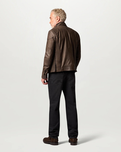 Blouson moto en cuir marron pour homme, col montant, fermeture boutonnée, poches, détails zippés, coupe classique, automne-hiver, OEM - Product Image 4
