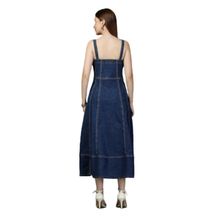 Robe en jean décontractée sans manches pour femme, boutonnée sur le devant, longueur midi, en coton, fournisseur en gros de mode - Product Image 3