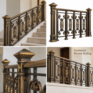Rampe d'escalier en bronze géométrique avec panneaux à volutes et poteaux de balustrade cannelés pour hôtels et villas de luxe - Product Image 5