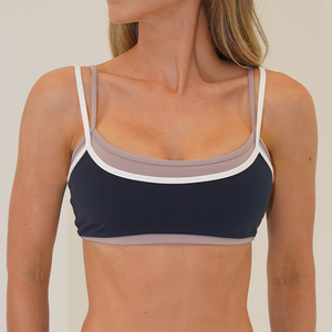 Soutien-gorge de sport pour femme, crème et bleu marine, à bretelles spaghetti, col rond, avec bordure contrastante, sans couture, respirant, maintien moyen - Product Image 5