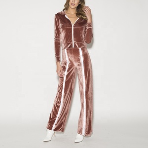 Custom Zip up Crop Women Hoodie Printed <b>Embroidery</b> Logo Velvet Sweatshirts and Sweatpants Jogger Velour Tracksuit Two Piece <b>Set</b> - Product Image 3