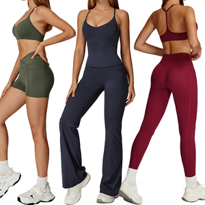 Ladies Gym Women Comfortable Two Pieces Running V-cut Shorts/flare Yoga Pants <b>Halter</b> Crossed Shoulder Straps <b>Backless</b> <b>Bra</b> Set - Product Image 5