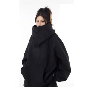 Sweat-shirt à capuche noir oversize unisexe, coupe classique, couleur unie, en molleton bouclette, pour l'automne, 100% coton, avec poche tricotée, 2027 - Product Image 1